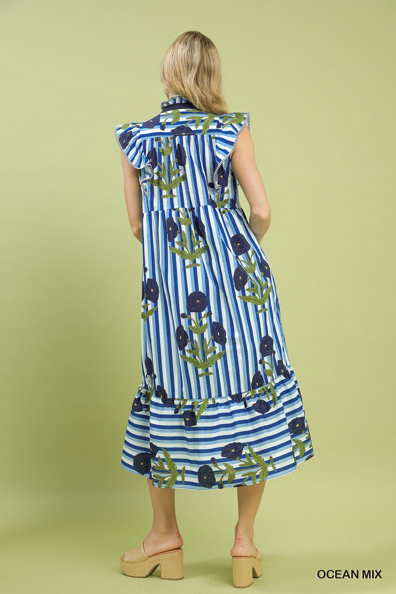 Umgee Mix Striped Floral Midi Dress in Ocean Mix ON ORDER