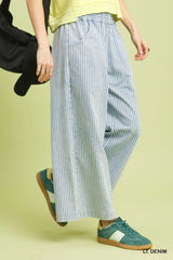 Umgee Stone Wash Stripe Wide-Leg Pants in Light Denim