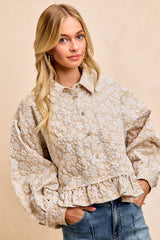 BiBi Textured Floral Ruffle Hem Button Up Top in Oatmeal