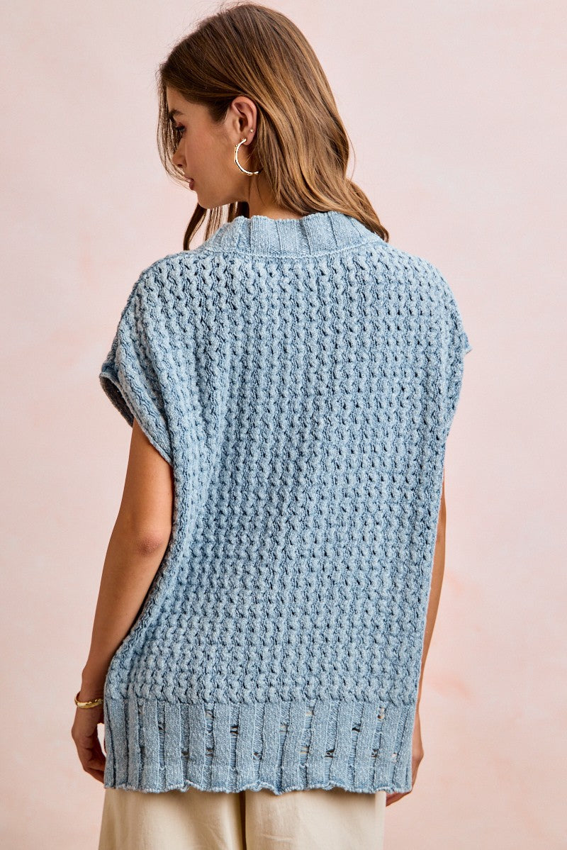 BiBi Mineral Washed Knit Boxy Cardigan in Washed Denim