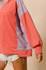BiBi Color Block French Terry Top in Dark Coral/Lavender