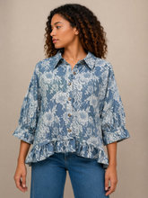BiBi Flower Print Denim Ruffle Hem Buttoned Top in Denim