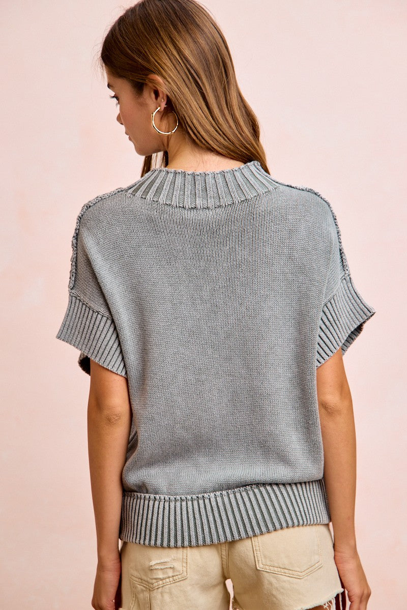 BiBi Washed Rib Banded Drop Shoulder Sweater Top in Smoke Grey