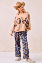 BiBi OVERSIZED French Terry Top with Floral "LOVE" Letter Patches in Oatmeal/Denim