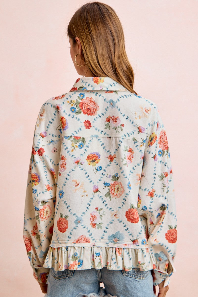 BiBi Floral Ruffle Hem Button-Up Blouse