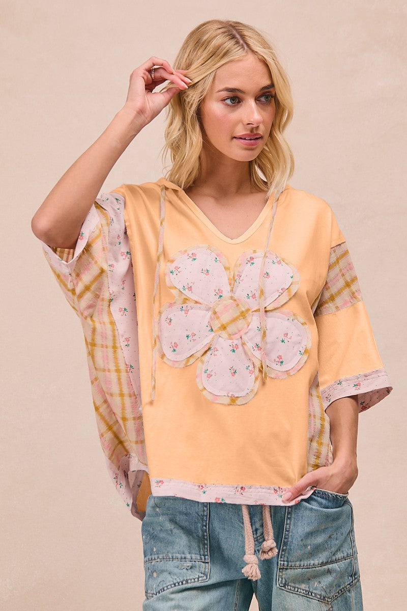 BiBi Mix n Match Hooded Top with Large Flower Patch Front in Peach