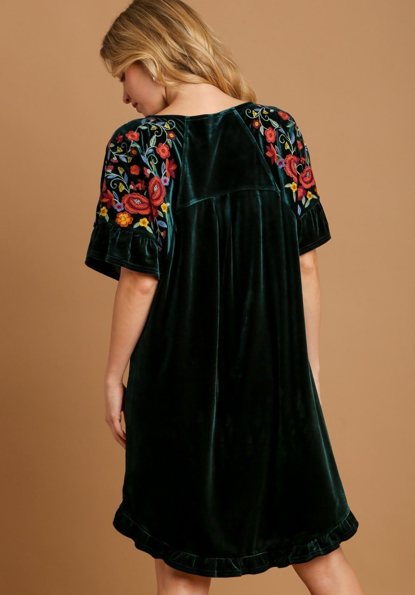 Umgee Velvet Mini Dress with Floral Embroidery in Hunter Green