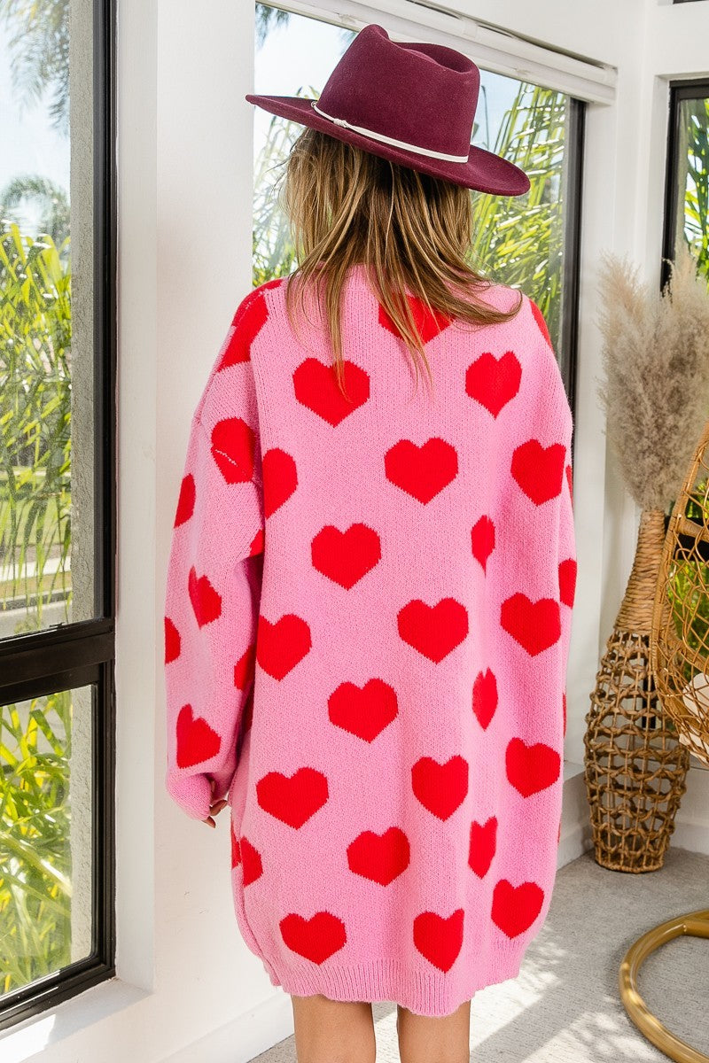 BiBi Heart Pattern Knit Long Cardigan in Pink/Red