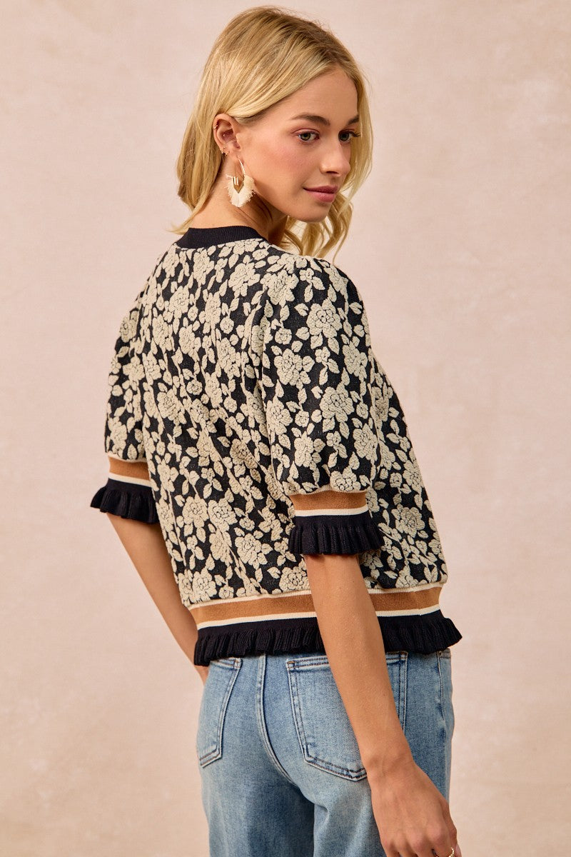BiBi Textured Rose Knit Top With Contrasting Banded Puff Sleeves in Black/Light Grey