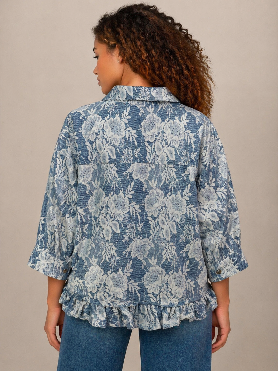 BiBi Flower Print Denim Ruffle Hem Buttoned Top in Denim