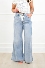 Judy Blue High Rise Light Wash Elastic Waistband Featherweight Palazzo Jeans with Shadow Pockets
