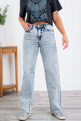 Judy Blue Bad Blood High Rise Light Mineral Wash Raw Hem Wide Leg Jeans