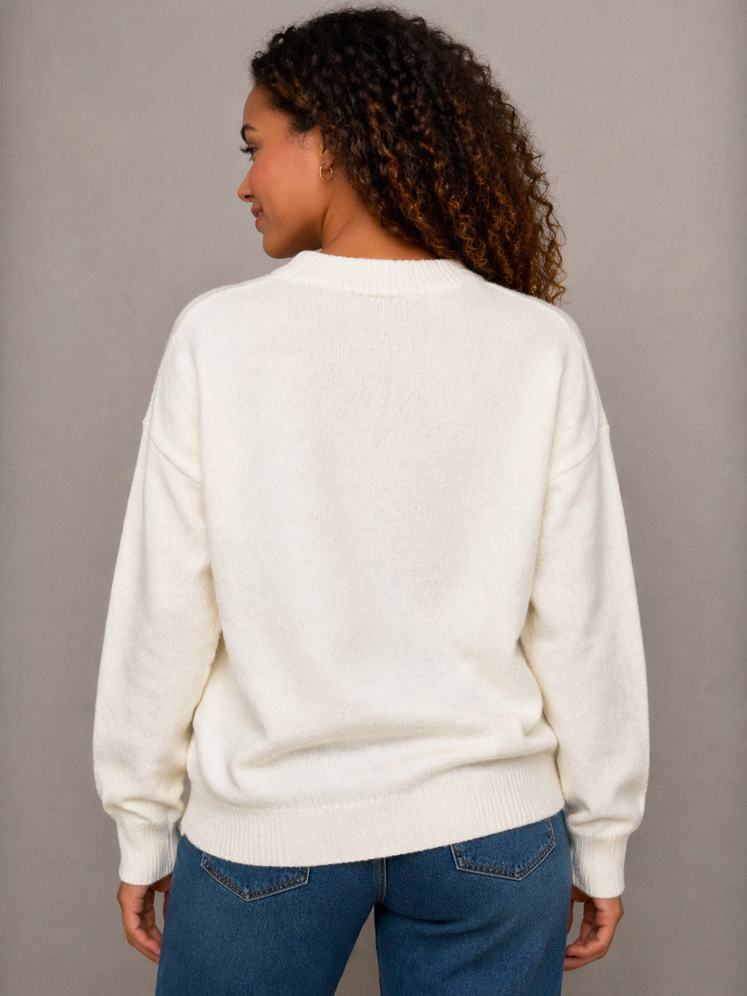 BiBi Knit Sweater with Christmas Plaid Bow Front in Ivory