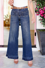 Judy Blue High Rise Dark Wash Palazzo Jeans with Front Patch Pockets