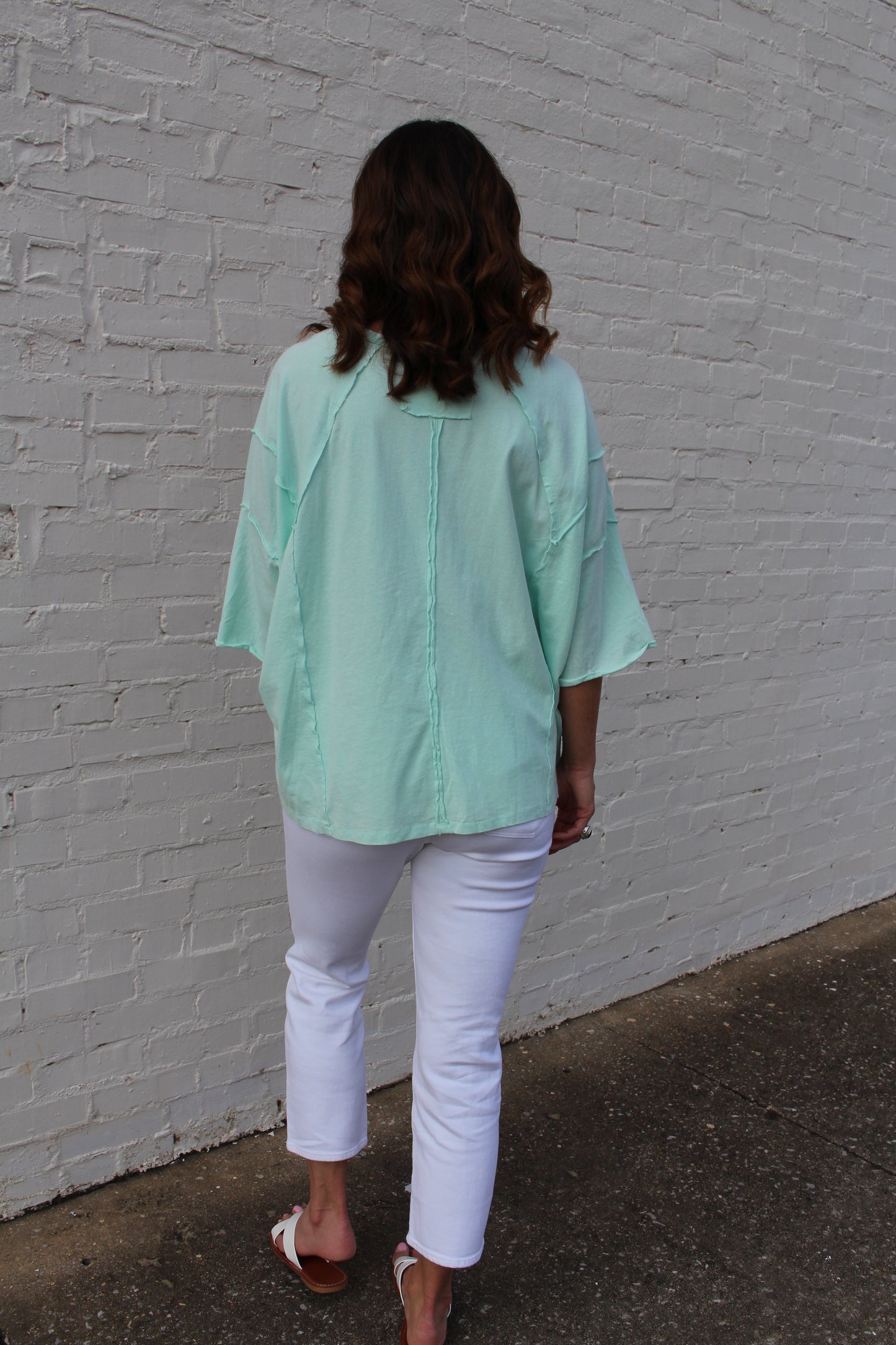 Easel OVERSIZED Heart and Love Patched Top in Mint Blue