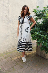 Umgee Two Toned Striped and Tropical Floral Print Midi Dress in Black
