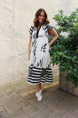 Umgee Two Toned Striped and Tropical Floral Print Midi Dress in Black