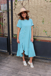 Easel Solid Color Knit Maxi Dress with Daisy Patches in Aqua Blue