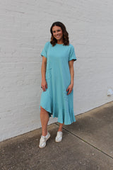 Easel Solid Color Knit Maxi Dress with Daisy Patches in Aqua Blue