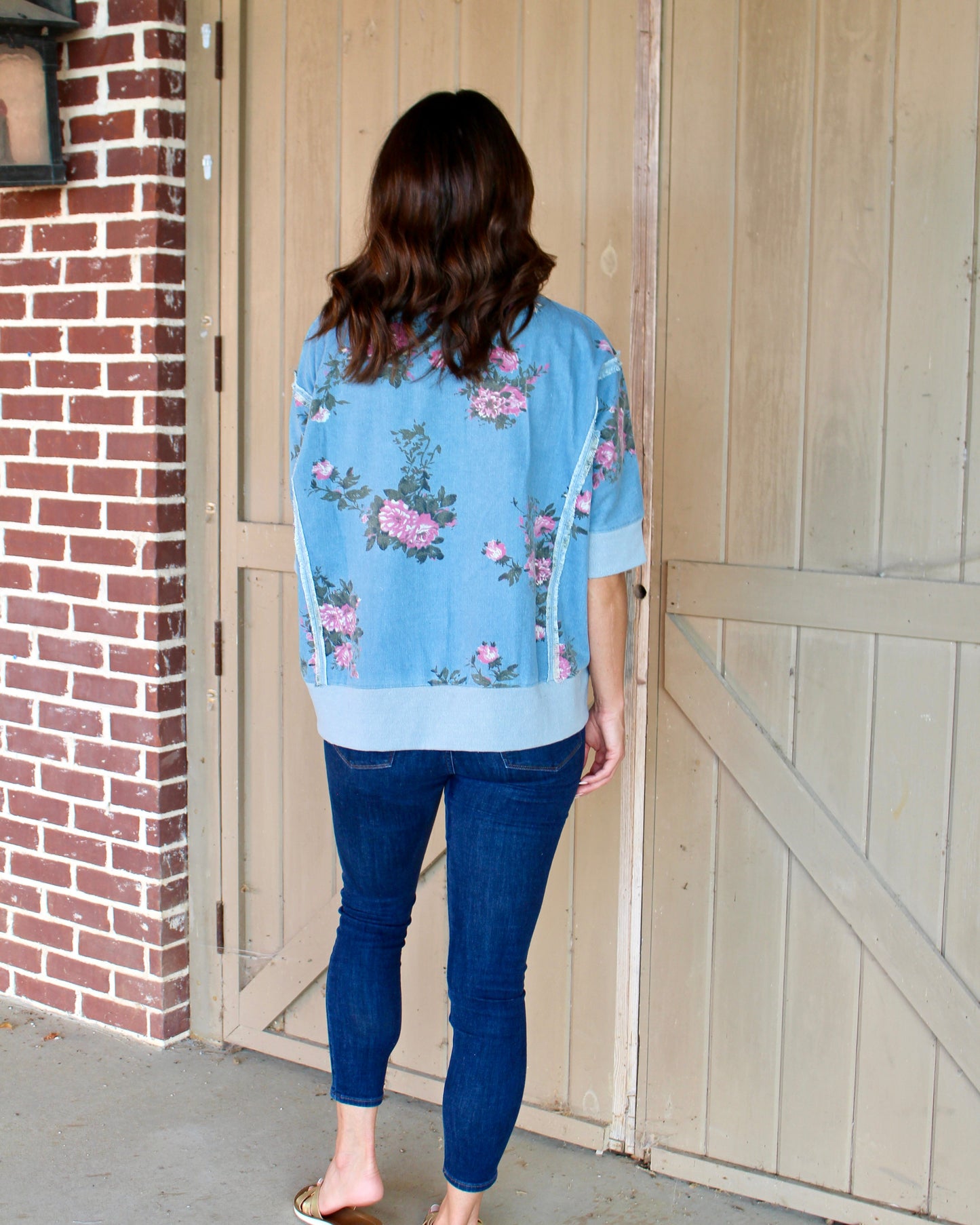 BiBi OVERSIZED Denim Floral Print Top in Denim