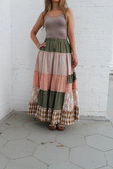 Easel Mixed Print Patchwork Maxi Skirt in Olive