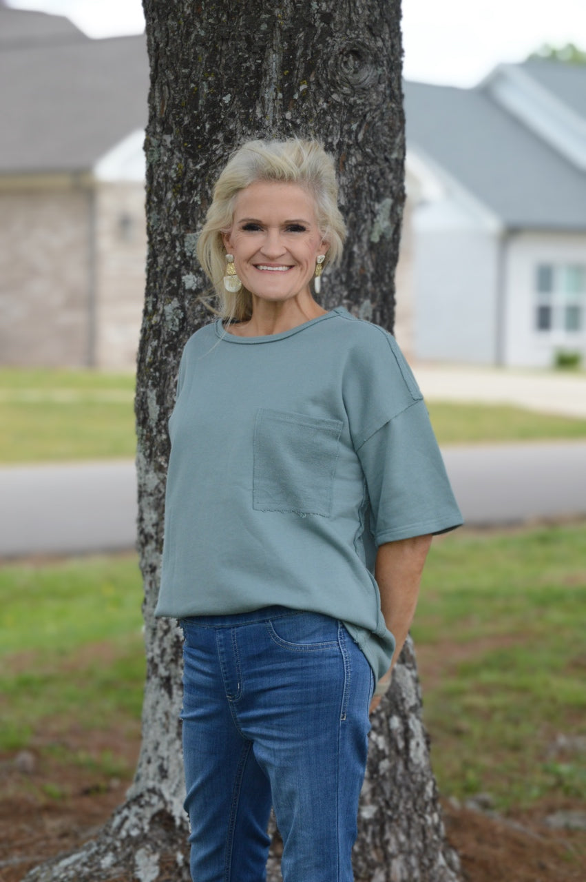 Easel French Terry Top in Teal Green