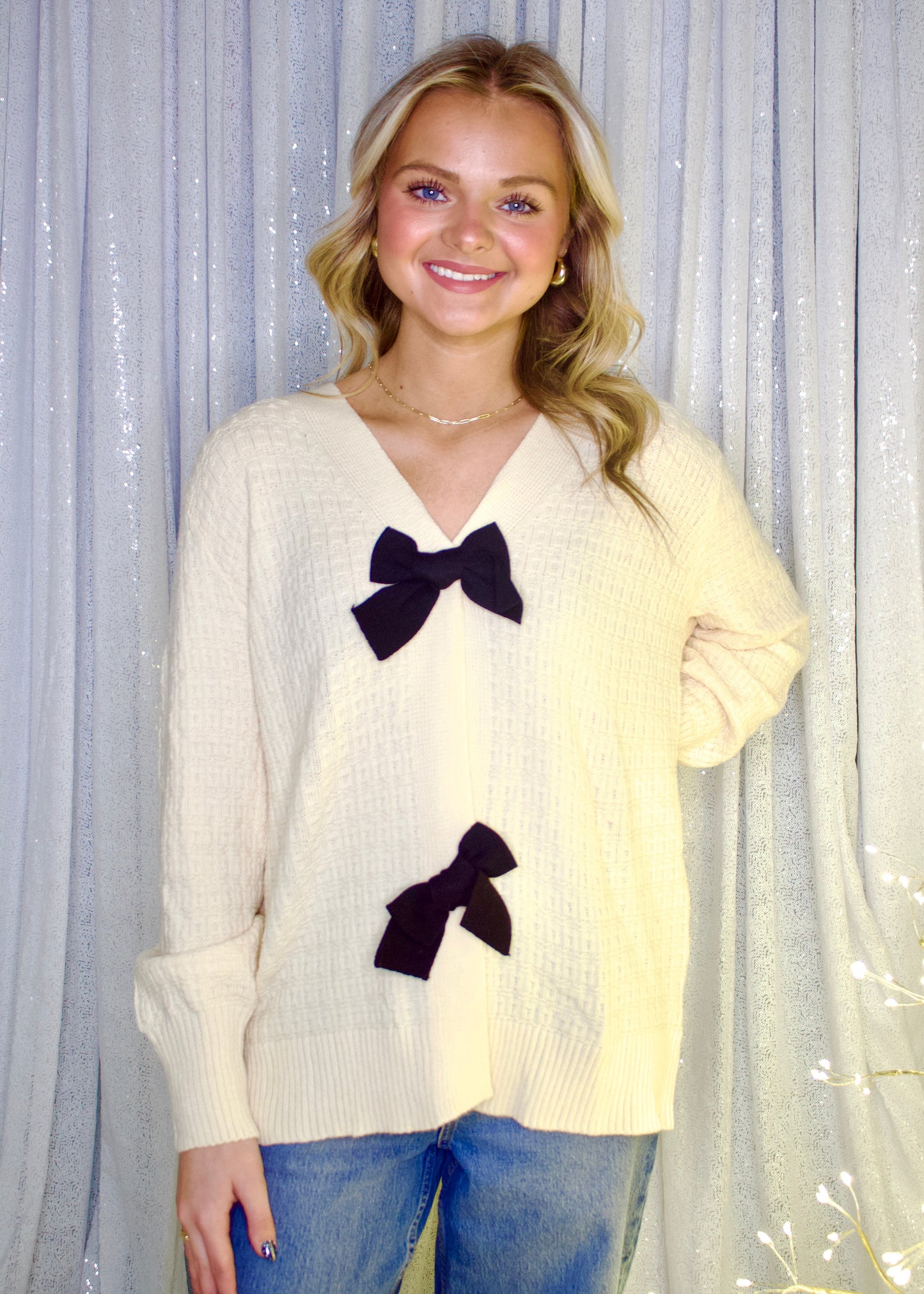 Sew in Love Knit Cardigan with Bow Front in Cream/Black