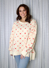 BiBi OVERSIZED Diamond Heart Print Waffle Knit Top in Cream