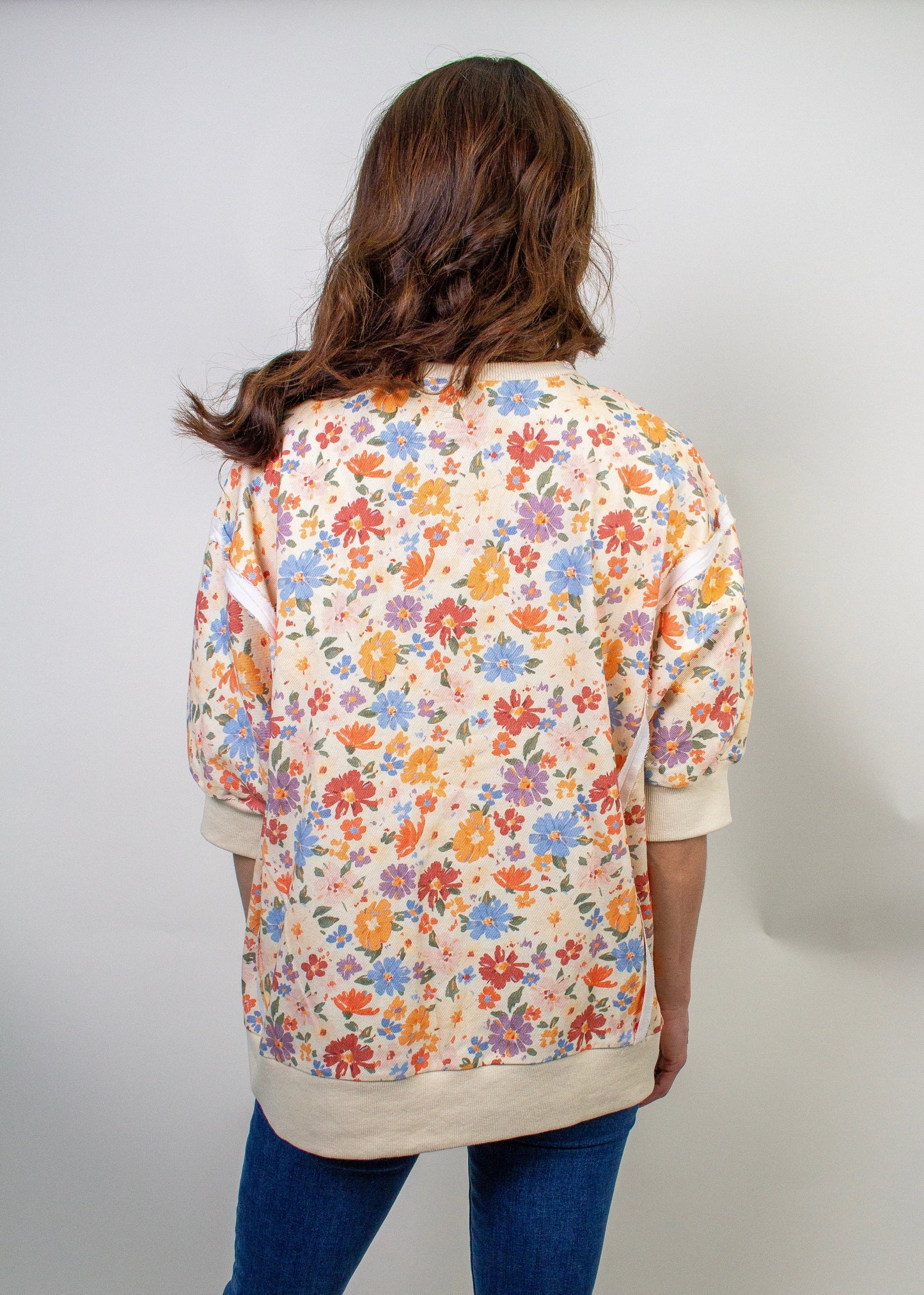 BiBi OVERSIZED Washed Twill Flower Print Top in Cream Multi