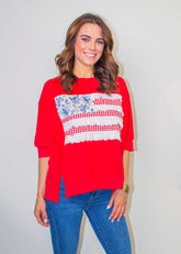 BiBi Americana Patched Front French Terry Top in Red