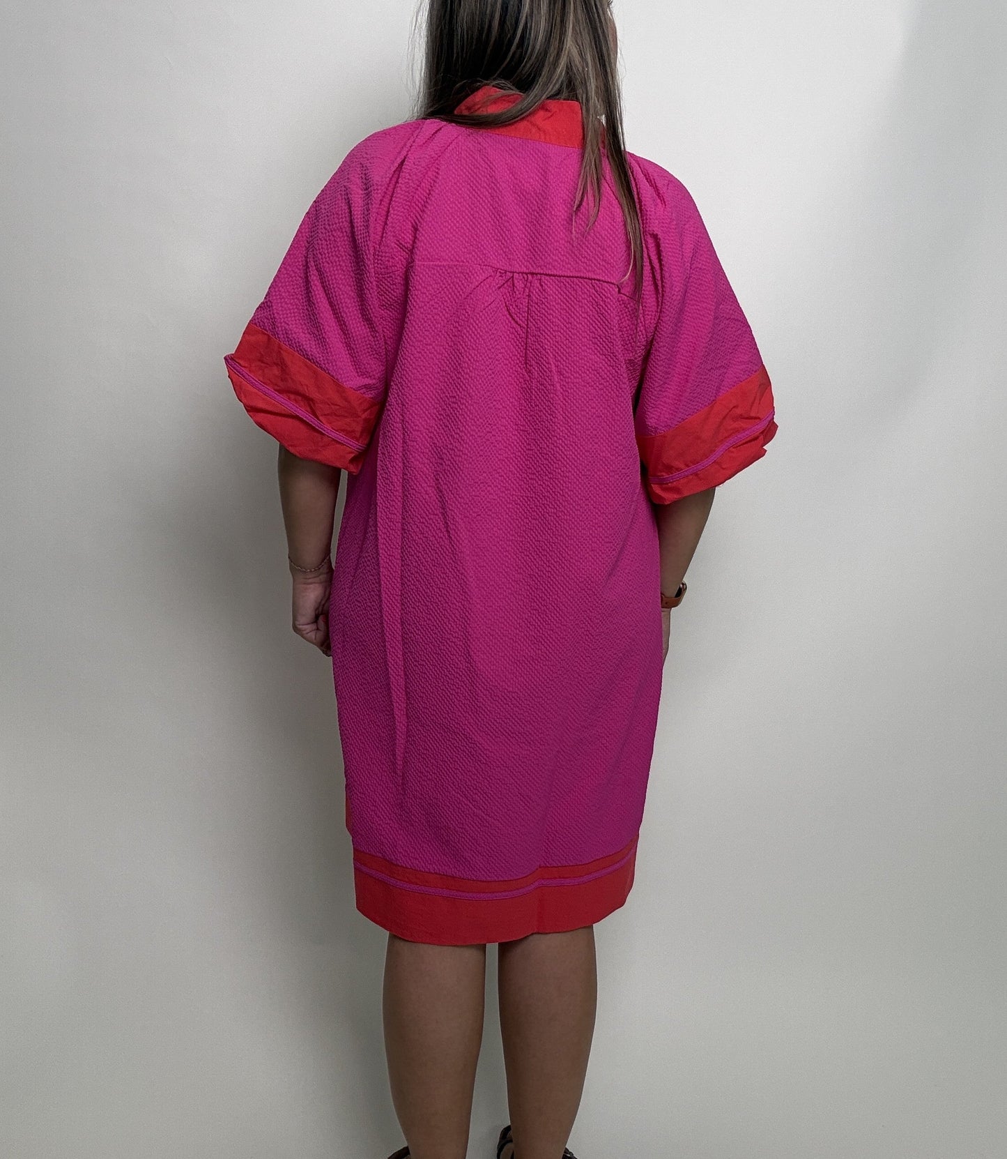 Umgee Textured Color Block Mini Dress in Fuchsia