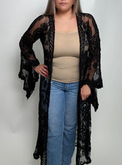 POL Long Sheer Embroidered Crochet Cardigan in Black