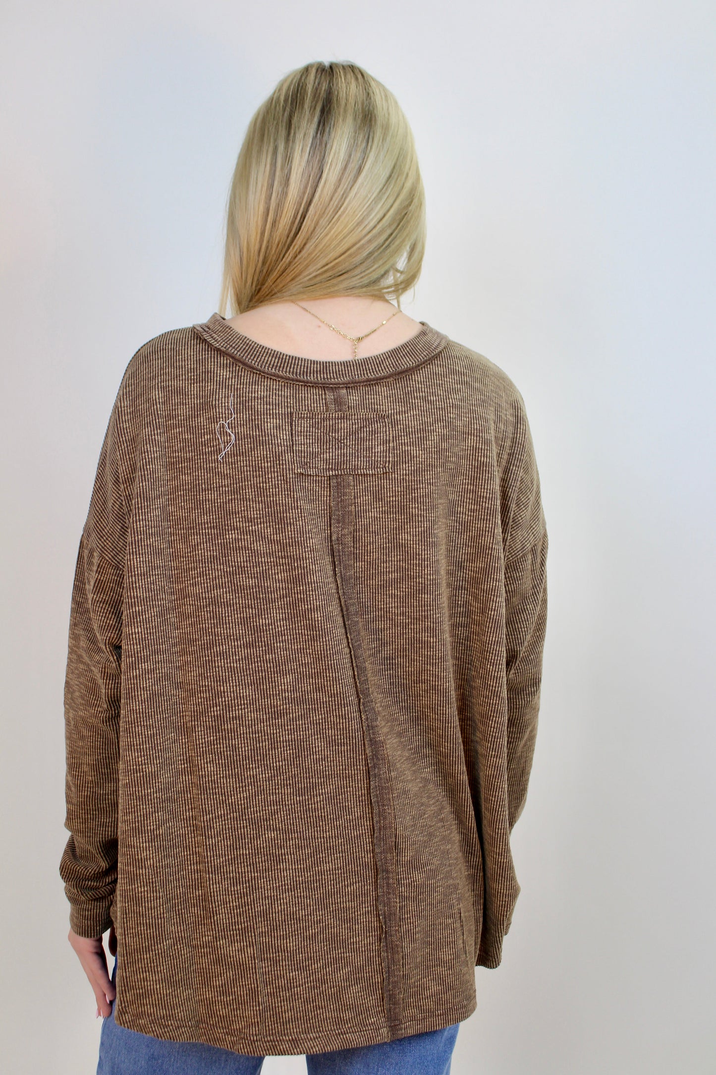 Easel Solid Color Ribbed Knit Top with LOVE Patches on Front in Mocha