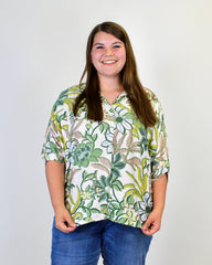 BiBi Bold Multi Color Floral Print Button Down Top in Sage Multi