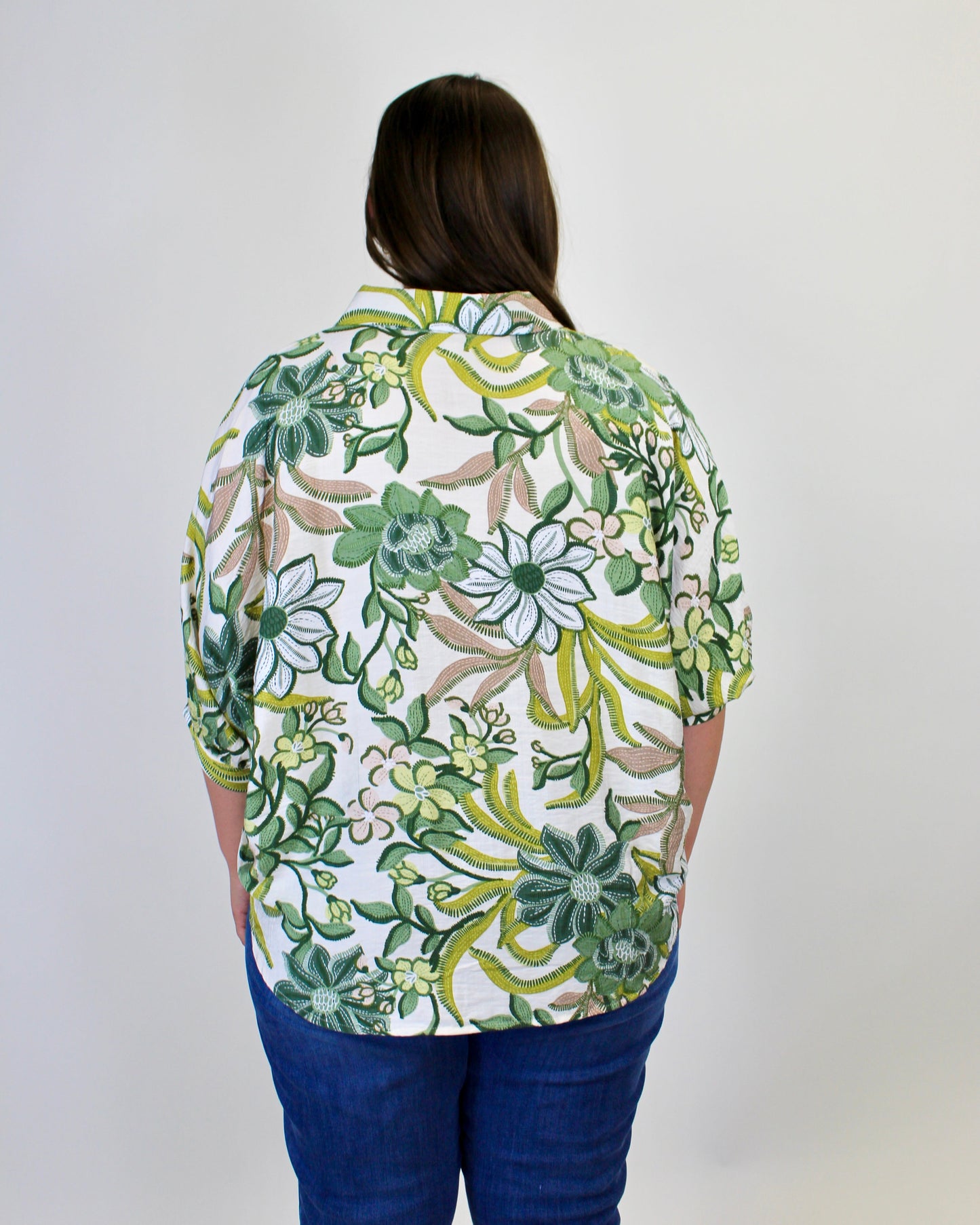 BiBi Bold Multi Color Floral Print Button Down Top in Sage Multi