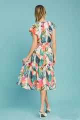 Umgee Multi Colored Leaf Print Midi Dress in Orange Mix