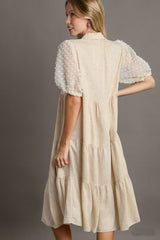 Umgee Solid Color Linen Blend Midi Dress with Floral Applique Details in Oatmeal