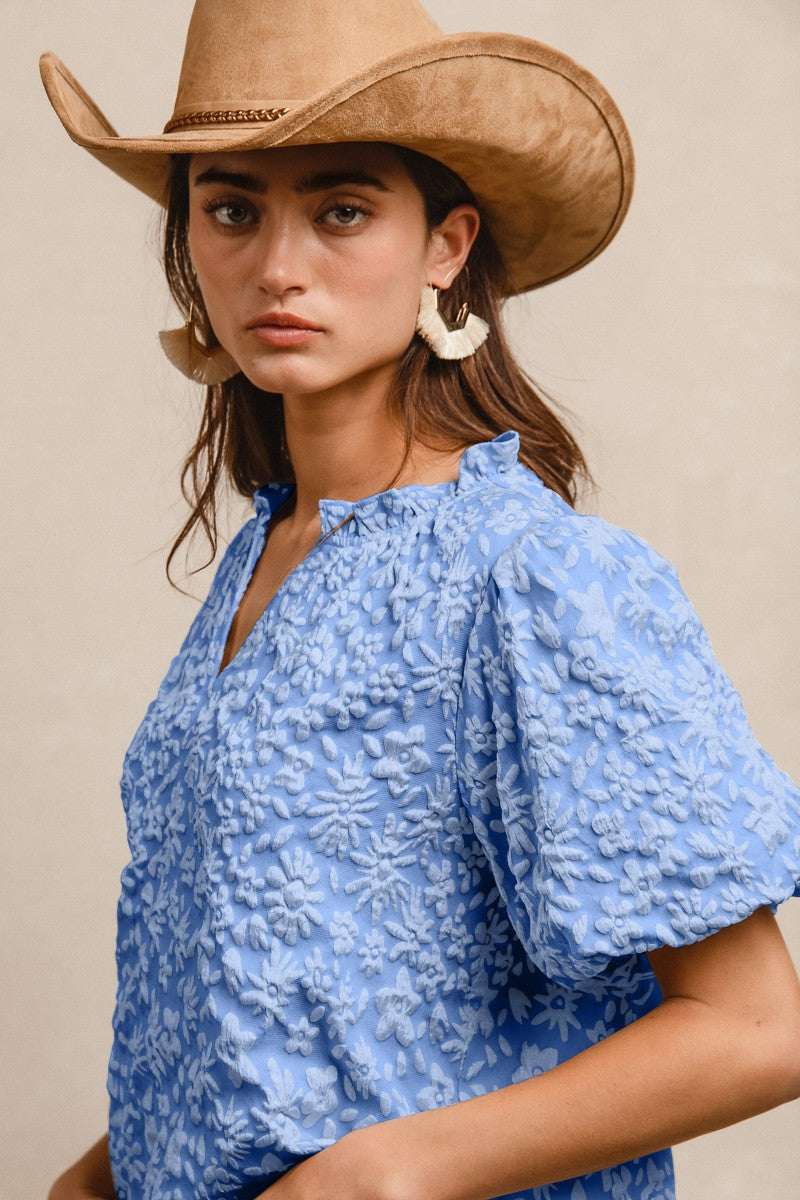 BiBi Textured Floral Pattern Top in Light Blue ON ORDER