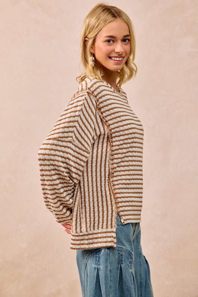 BiBi OVERSIZED Contrasting Color Textured Knit Stripe Top in Camel