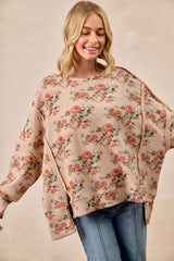 BiBi OVERSIZED Floral Print Waffle Knit Top in Taupe