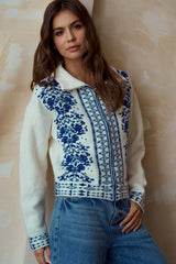 LovLov Solid Color Front Zip Cardigan With Contrasting Mix Prints in Ivory