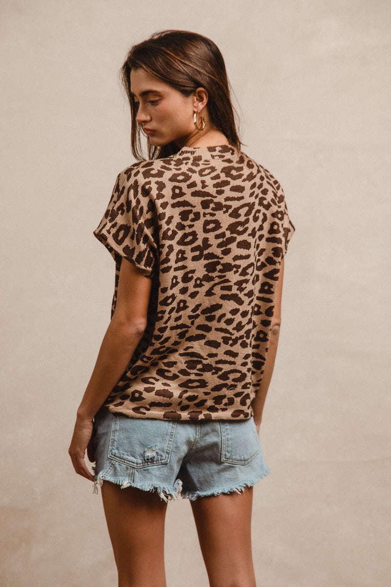 BiBi Leopard Print Baize Knit Top in Beige/Brown