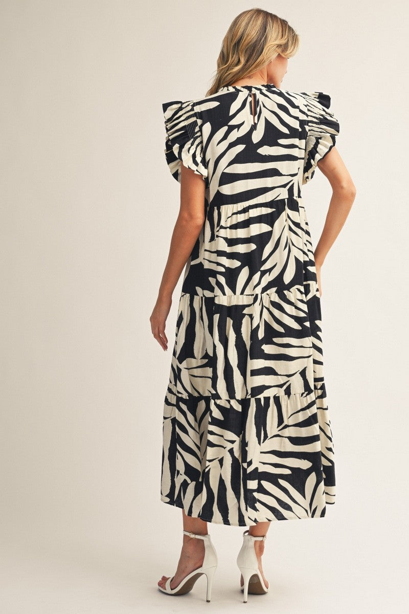 Jodifl Tropical Palm Print Tiered Midi Dress in Black