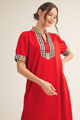 Jodifl Solid Color Midi Dress with Contrasting Classic Check in Tomato Red ON ORDER