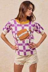 BiBi Knit Sweater Checkered Pattern Top with Football Patched Front in Purple/Gold
