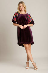 Umgee Velvet Mini Dress with Floral Embroidery in Eggplant