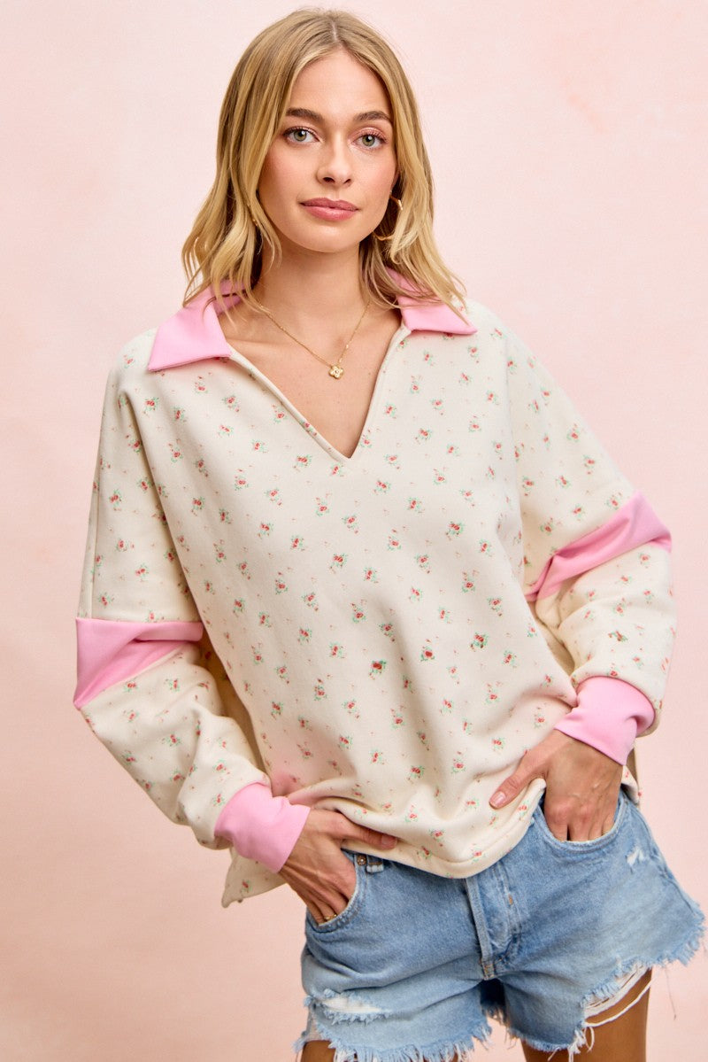 BiBi Floral Print French Terry V Neck Collared Top in Ivory/Pink