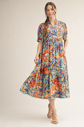Jodifl Tropical Print Midi Dress with Scalloped Trim Detail in Aqua Blue