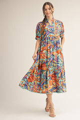 Jodifl Tropical Print Midi Dress with Scalloped Trim Detail in Aqua Blue