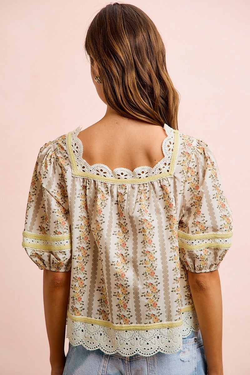 BiBi Floral Stripe Printed Lace Trim Detail Top in Cream